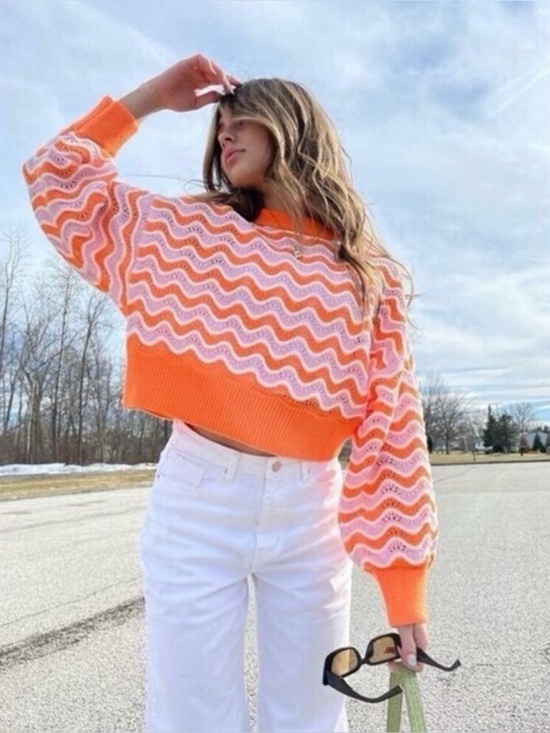 H&M Sweaters - H&M | Wavy Chevron Pointelle Knit Sweater Orange Pink White | Women’s Size: M